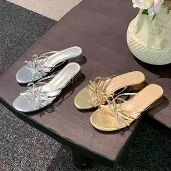 мода Модные женские тапочки с бантом Летние плоские туфли для отдыха на низком каблуке Пляжные сандалии Шлепанцы Римские сандалии на толстом каблуке Сандалии Femininas 35 золотой