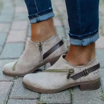 мода Модные женские повседневные туфли женские ретро круглые носки низкие каблуки застежки-молнии женские короткие сапоги на толстом каблуке одинарные туфли 2024 35 коричневый