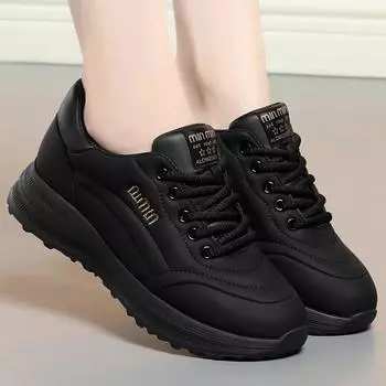 Модные женские легкие кроссовки на кожаной платформе со шнуровкой, удобные повседневные прогулочные спортивные теннисные туфли для женщин, каблук 35-40 35 чёрный