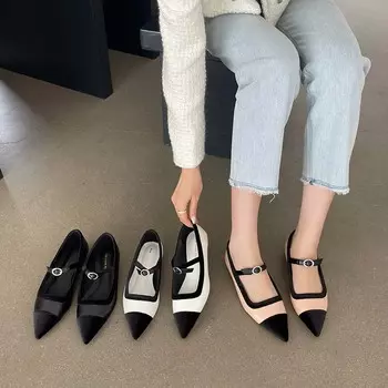 fashion Fashion Women Loafers Pointed Toe Black White Beige Belt Buckle Casual Daily Dress Shoes Woman Autumn Spring Party Pumps 35-39 5.5 чёрный