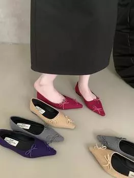 мода Модные женские туфли-лоферы с острым носком Лето-Осень Туфли на плоской подошве Низкий каблук Дизайн с бантом Черный Серый Красный Бежевый Туфли-лодочки для вечеринок 39 5.5 бежевый