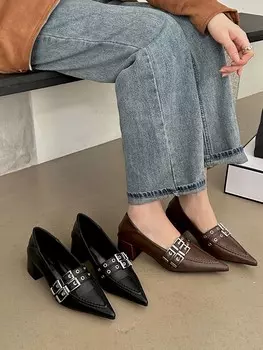 fashion Fashion Women Loafers Pumps Pointed Toe Belt Buckle Rivet Design Slip On Autumn Spring Sexy Office Pumps Mules 35-39 Black Brown 5.5 чёрный