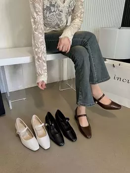 fashion Fashion Women Pumps Round Toe Autumn Winter Office Pumps Shallow Slip On Thick High Heels White Black Brown Dress Shoes Woman 5.5 чёрный