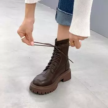 Модные женские ботильоны из натуральной кожи 2024 Осень/ЗимаПлюшевые толстые подошвы Британский стиль Увеличенные короткие ботинки средней длины 33