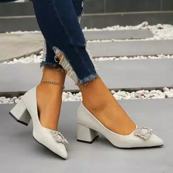 Fashion Fashion Women s Single Shoes 2024 Spring New Korean Version of Diamond Square Buckle Pointed Shallow Mouth Thick Heels 34 серебряный