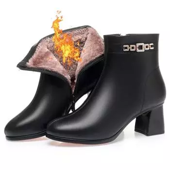 Fashion Fashion Women s Winter Boots 2024 New Soft Leather Ankle Boots High Heels Warm Thick Plush Comfortable Cotton Boots for Women 35 чёрный