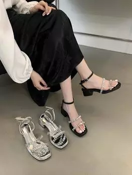 fashion Fashion Women Sandals Open Toe Summer Dress Shoes Thick Mid Heels Ankle Strap Party Pumps Crystal Party Pumps Shoes Woman 35-39 5.5 чёрный