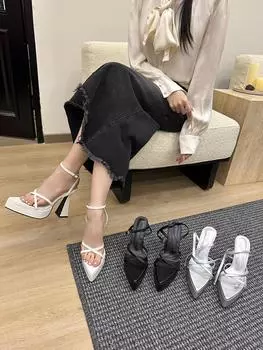 fashion Fashion Women Sandals Slides Slippers Black White Silver PVC Jelly Pumps Thick High Heels Ankle Strap Sandals Wedding Pumps 39 5.5 чёрный