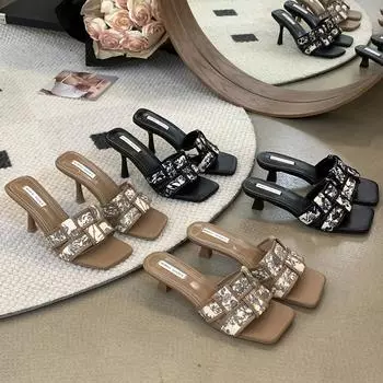 fashion Fashion Women Sandals Slippers Weave Design Black Khaki Party Pumps Thin High Heels Casual Mules Shoes Woman Size 35-39 Pumps 5.5 чёрный