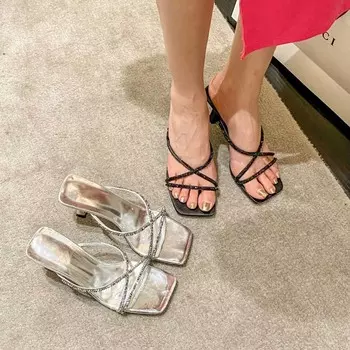 fashion Fashion Women Slides Slippers Black Silver Party Pumps Thin High Heels 2024 New Arrivals Wedding Shoes Woman Size 35-39 Sexy 5.5 чёрный