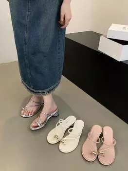 fashion Fashion Women Slides Slippers Silver Pink White Narrow Band Summer Thick Mid Heels Slip On Party Pumps Dress Shoes Woman Size 39 5.5 бежевый