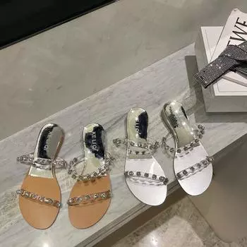 мода Модные женские тапочки со стразами и цепочкой, узкие плоские туфли на низком каблуке, бежевые, серебристые, повседневные летние туфли для улицы, пляжная обувь для женщин 5.5 золотой