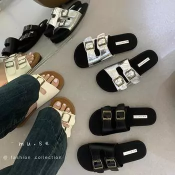 fashion Fashion Women Slippers Slides Low Heeled Flats Belt Buckle Shallow Slip On Black Yellow Silver Summer Outside Beach Shoes 35-39 5.5 чёрный