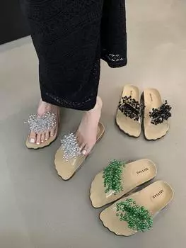 мода Модные женские тапочки Летние уличные туфли-мюли Туфли на плоской подошве Низкий каблук Черный Зеленый Серебряный Вечерние туфли-лодочки Платье Сандалии Прозрачный Слайд 5.5 зелёный