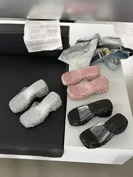 fashion Fashion Women Slippers Summer Outside Party Pumps Wedge High Heels Silver Pink Black Rhinestone Shining Sandals Slippers Size 39 5.5 чёрный