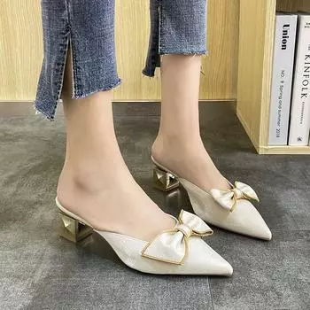 Fashion Fashion Womens Shoes 2024 Female Slippers High Heels All-Match Med Luxury Girls Comfort High-heeled Pointed Medium Stiletto New 35 чёрный