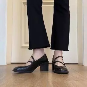 fashion Fashionable Cross Strap Thick High Heels for Women 2024 New High Heels for Women Round Toe Preppy Style 35 чёрный