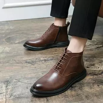 Fashion Fashionable High Top Leather Shoes Classic Men s Boots Side Zipper Tied Pointed Leather Shoes Formal Wear Comfortable Men Boots 38 коричневый