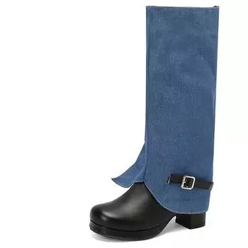 модные джинсы трубчатые сапоги для женщин осень и зима, круглый носок толстые каблуки, высокие каблуки, пряжка ремня, тонкие модные сапоги, 34