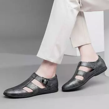 Fashion Fashionable New Two-layer Cowhide Sandals Low Top Men s Shoes Brand Outdoor Men s Breathable Hollow Casual Buckle Leather Shoes 37 серый