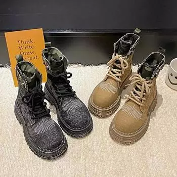 Fashion Fashionable Retro British Style Thick Soled Boot for Women Height Increasing Breathable Denim Work Boots Mujer Plus Size 40 35 хаки