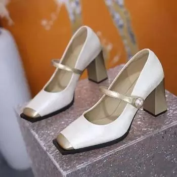 Модные весенние и осенние женские туфли Мэри Джейн на высоком каблуке с квадратным носком в тон цвета 34