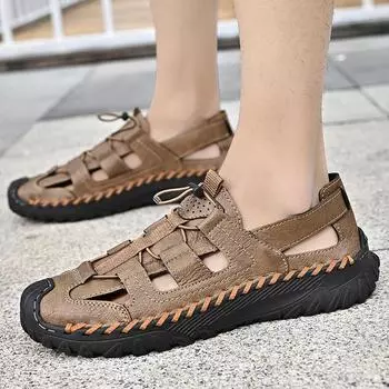 Fashion Fashionable Summer New Handmade Cowhide Breathable Sandals for Men s Outdoor Comfortable and Lightweight Waterwading Beach Shoes 38 коричневый