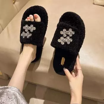 Модные женские домашние тапочки, однотонные, с открытым носком, для дома 2024 года, зимние, на плоской подошве, нескользящие, повседневные, для дома, женские, новый стиль 35 бежевый