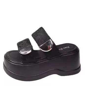 fashion Fashionable Women s Print Slippers 2024 New Versatile Thick Bottom Heightening Platform Flip Flops Women s Outerwear 34 бежевый