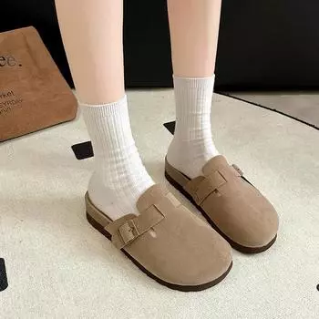 fashion Faux Suede Flat Slippers Women Autumn Vintage Close Toe Mules Shoes Woman Soft Sole Cork Slides Outdoor Slippers Woman Sneakers 35 темные хаки