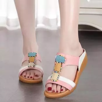 Fashion Female Bohemian Rhinestone Comfort Holiday Shoes Big Size Fish Mouth Wedges Slippers Soft Non-slip Beach Shoes Sandalias Mujer 36 розовый