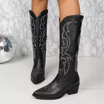 Fashion Female Shoes on Sale 2024 High Quality Side Zip Women s Boots Winter Pointed Toe Solid High Tube Chunky Heels Western Boots 36 темно-коричневого