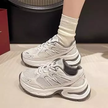 fashion Female Shoes on Sale Lace Up Women Vulcanize Shoes Autumn Breathable Mesh Mixed Colors Outdoor Casual Comfortable Walking Shoes 35 бежевый