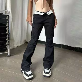 Fashion Flanging Sexy Slim Fit Micro-Pull Cargo Pants Black M