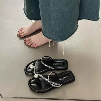 Fashion flat bottom fashion pearl one-word drag women s spring and summer with skirt cover toe cool slippers 35