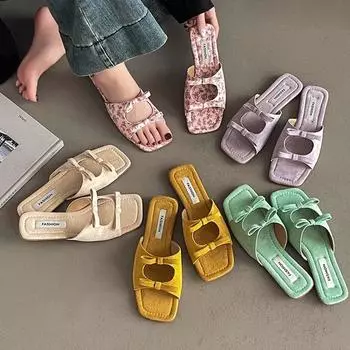 Fashion flat-bottomed bow women s one-word slippers wear new summer vacation beach skirt casual cool slippers 35 синий