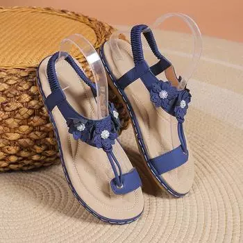Fashion Flat Flower Sandals Women 2024 Summer Casual Set Toe Ladies Flip Flops Anti Slip Versatile Rome Sandalias Blue Zapatos De Mujer 36 синий