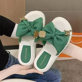 Fashion Flat Heels Butterfly Metal Decor Slippers Women Flip Flop Green Sandals New Summer Slides Chanclas Mujer Ladies Shoes 35 бежевый