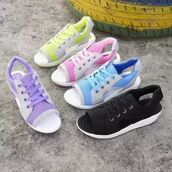 fashion Flat Peep Toe Contrast Paneled Cutout Sandals Summer 2024 High Quality Women s Shoes Casual Lace-up Platform Sport Sandals 35 розовый