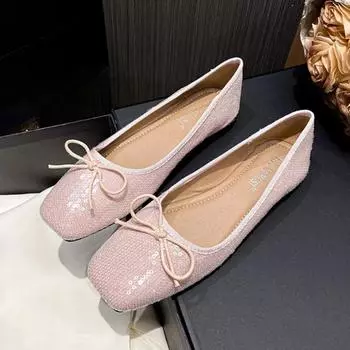 Модные туфли на плоской подошве женские туфли на плоской подошве 43 квадратные блестящие туфли на плоской подошве одинарные туфли с бантом и мелким горлом женские туфли серебристые балетки на плоской подошве 35 серебряный