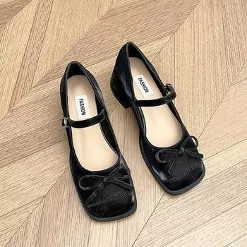 Fashion flat-soled single shoes women s new spring shallow mouth pointed tip laden shoes temperament black Mary Jane shoes 35