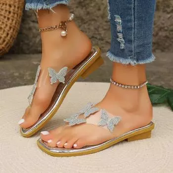 Fashion Flats Crystal Women Slippers Bow Square Toe Sandals Summer Clip Toe Shoes 2024 Slingback Flip Flops Outdoor Mujer Zapatos Slides 36 белый