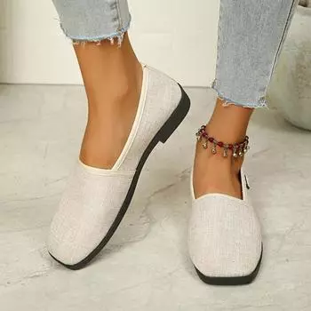 Модные женские туфли на плоской подошве весна-осень повседневные туфли из конопли с низким каблуком и квадратным носком для женщин однотонные повседневные туфли для женщин больших размеров 36 бежевый