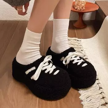 Fashion Flats Fur Women Slippers Platform Suede Mules Plush Cotton Shoes Casual Slingback Flip Flops Trend Cozy Non Slip Zapatos Mujer 35 белый