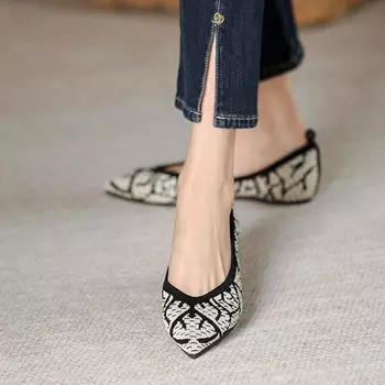 fashion Flats Shoes for Women 2024 New Spring Casual Pointed Toe Shallow Knitted Shoes Large Flat Sole Single Shoe Women Ladies Simple 34(Foot22cm) чёрный