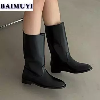 модные туфли на плоской подошве, высокие зимние сапоги, женская брендовая обувь класса люкс, зима 2025, новые ботинки челси до середины голени, ретро-модные кожаные повседневные панк-ботинки женские 35 чёрный