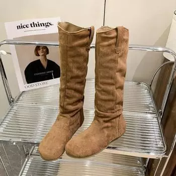 модные Балетки Женские Колено Снежные Высокие Сапоги Платформа Замшевая Обувь Зима 2025 Тренд Повседневные Нескользящие Ботинки для Ходьбы Модные Вечерние Botas Mujer 35 чёрный