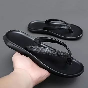 Fashion Flip Flop Genuine Leather Men Slippers Summer New Brand Man Designer Beach Flip-flops Light Comfortable Men s Shoes 38 чёрный