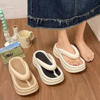 fashion Flip-flops Summer Women Thick Bottom Shoes Heightened 2024 New Outside Wear Seaside Sandals Slippers Casual Beach Shoes Female 36 чёрный