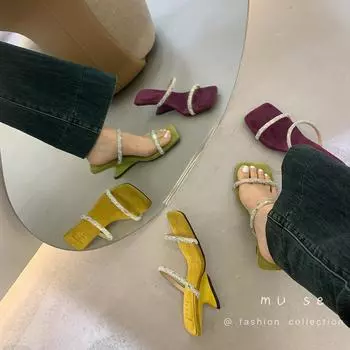 мода Flock Женские шлепанцы Тапочки Летние уличные мюли Стразы Цепочка Зеленый Фиолетовый Желтый Черный Серебряный Розовый Однотонные туфли-лодочки Высокие 5.5 чёрный